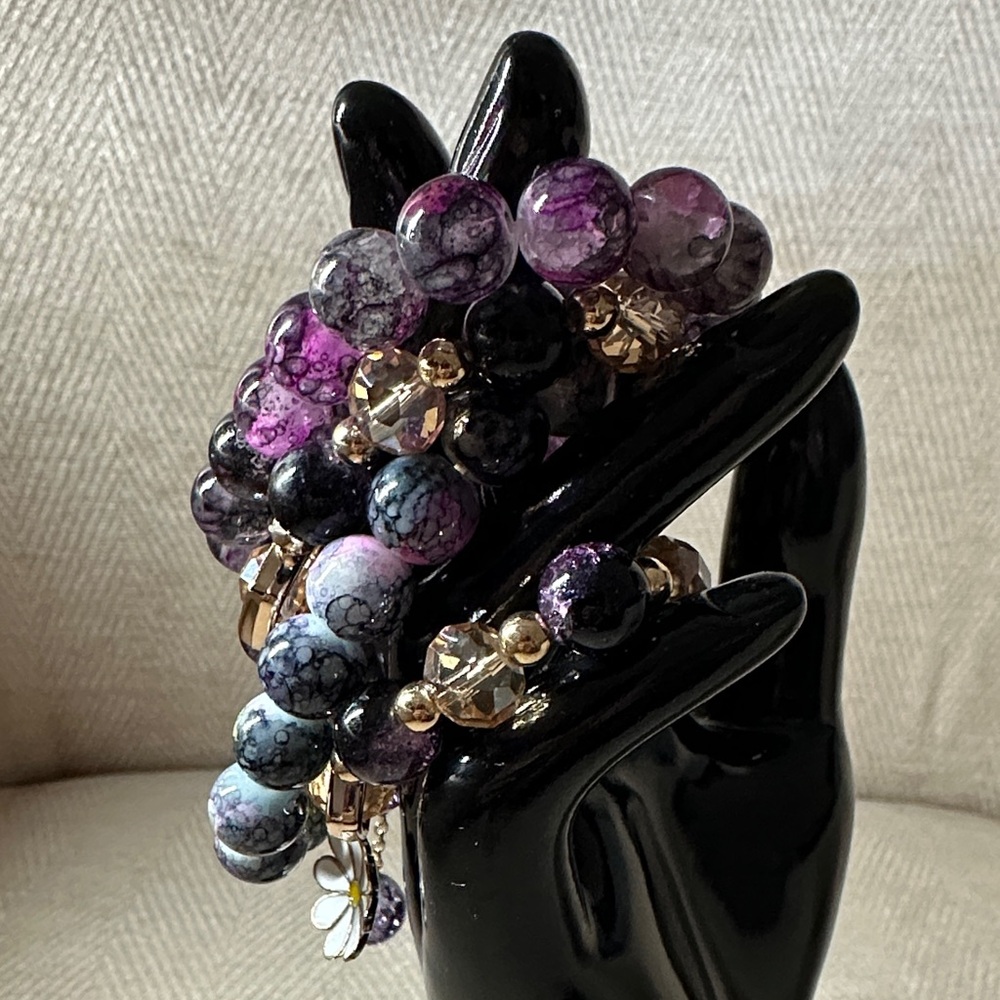 Bracelet Glass Purple and Gold Beaded Bracelet Set Of (4) - Picture 3 of 8